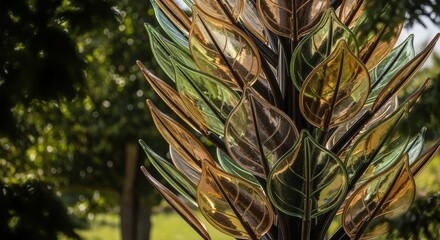 Fototapeta premium Close-up of a decorative glass leaf sculpture in a lush green garden setting, featuring translucent amber and green leaves catching the sunlight.