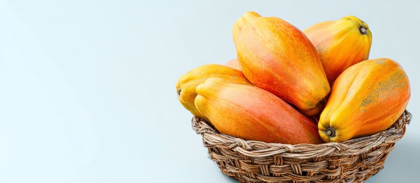 Fresh papayas in woven basket on blue background