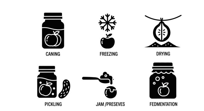 Food Preservation Methods Icons: Canning, Freezing, Drying, Pickling, Jam, Fermentation