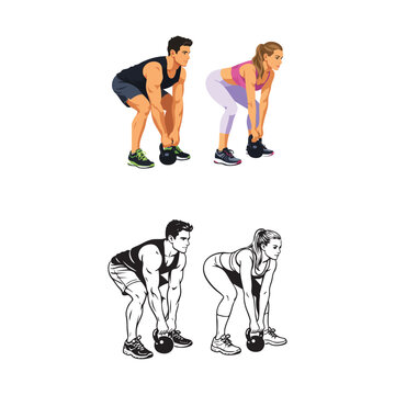 Minimalist vector illustration of man and woman performing kettlebell deadlift exercise, showcasing proper gym training form for strength and fitness.