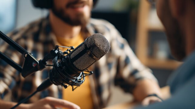 Podcast recording session with two people communicating
