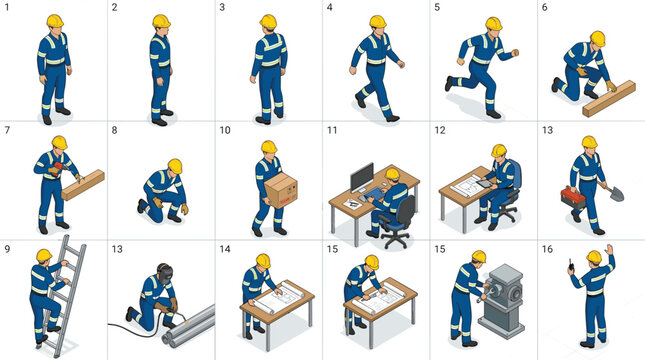 Isometric Worker Character Set with Various Labor Poses and Activities for Construction, Industry, and Workplace Design Use