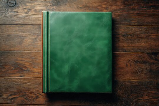 Closed Green Leather Bound Photo Album on Rustic Wooden Table.