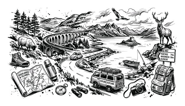 Detailed black and white ink drawing depicting a scenic Scottish landscape with a viaduct, lake, and various travel elements