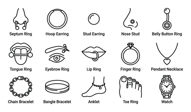 Collection of various outline jewelry and body piercing icons, including rings, earrings, necklaces, and bracelets, presented