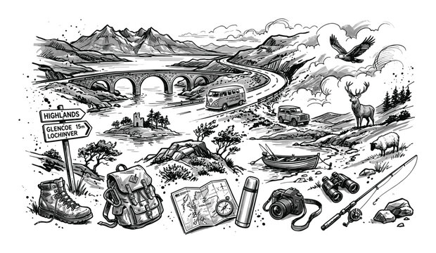Detailed black and white ink drawing of a Scottish landscape with a bridge, lake, mountains, and various outdoor activity elements
