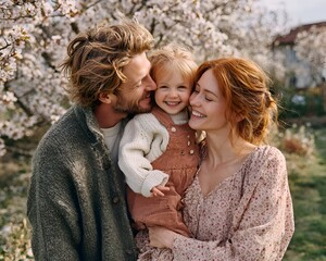 Fototapeta premium A beautiful young family smiles tenderly together, standing under the blossoming branches of a flowe tree in the sptime garden.
