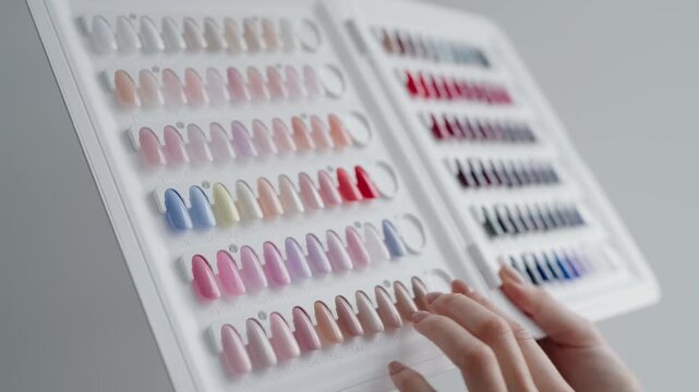 Close-up of a hand holding a nail polish color palette. Various shades of nail polish for manicure and fashion selection. Ideal for beauty, fashion, and cosmetic concepts.