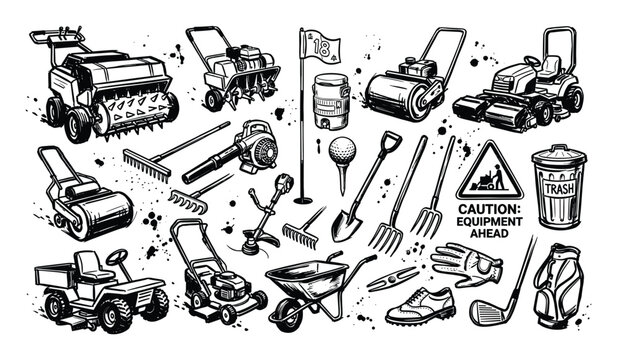 Various black and white hand-drawn lawn care and golf equipment with ink splatters