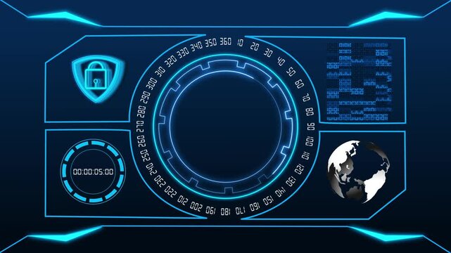 Hud display animation with security shield. Hud display futuristic globe and timer. Hud display technology graphic on black background.