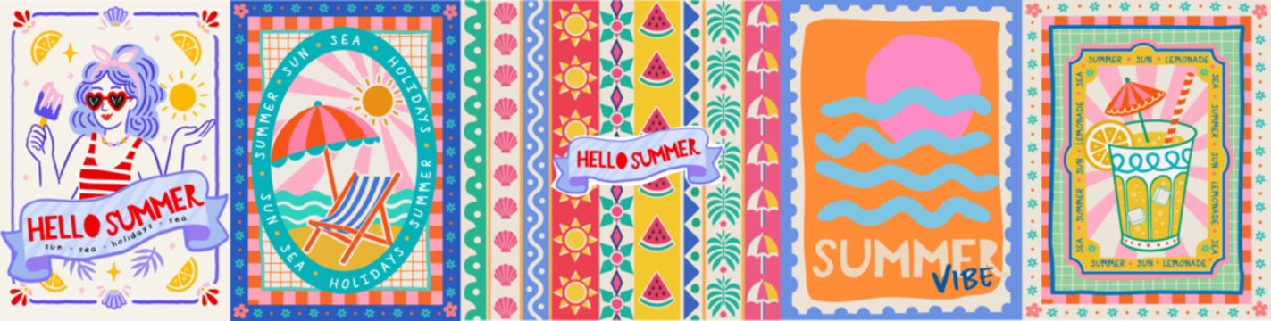 Hello summer! Vector illustrations of a girl with ice cream, a beach umbrella with a lounger, a seamless pattern, a postage stamp with waves, and lemonade in a frame for a poster, card, background