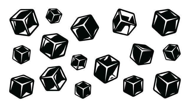 Abstract glossy black cubes scattered in a dynamic composition, illustrating geometric design elements