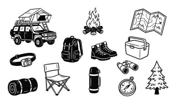 Collection of black and white camping and outdoor adventure equipment icons, including a car with a rooftop tent, campfire, and map