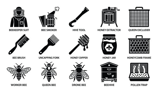 Comprehensive collection of beekeeping equipment and bee types presented as black and white silhouette icons