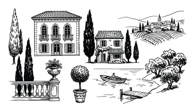 Collection of hand-drawn black and white sketches depicting various Italian landscape elements and architecture, including houses, cypress trees, a village, a boat, and a balustrade