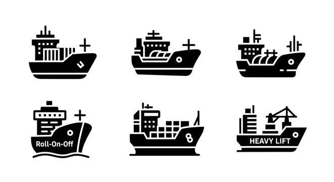 Set of cargo ship icons: container, roll-on/roll-off, heavy lift