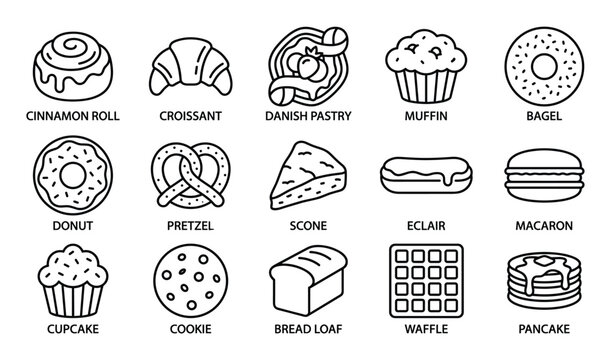 Collection of various outline icons representing different baked goods and pastries
