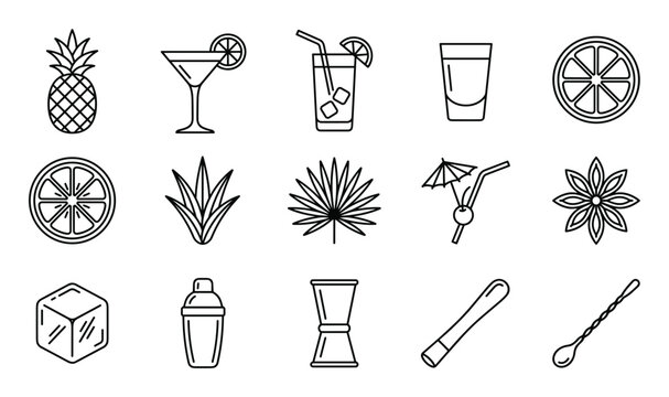Collection of black outline cocktail and bar icons, featuring various drinks, fruits, and tools