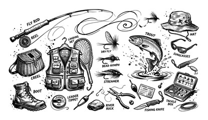 Fototapeta premium Various fly fishing equipment items, including a rod, reel, creel, and trout, are depicted in a detailed black and white illustration