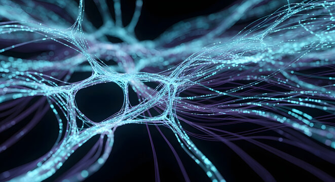 Abstract glowing neural network of interconnected pathways with vibrant blue and purple light strands against a dark background, symbolizing complex connections and data transfer