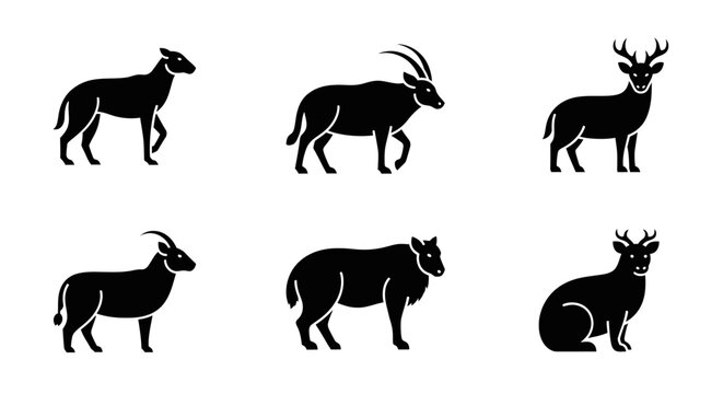 Set of Six Animal Silhouettes: Deer, Ram, Goat, Antelope, Sheep