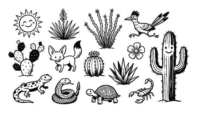 Collection of hand-drawn desert animals and plants, including a happy sun, various cacti, a fox, a roadrunner, and a rattlesnake, in a black and white doodle style