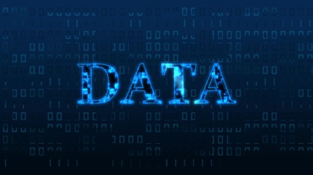 Digital text animation with glowing light. Digital data text over binary code. Digital technology and data graphic on black background.