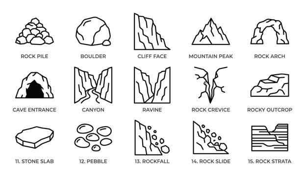 Comprehensive set of fifteen distinct black outline rock and landform icons is presented