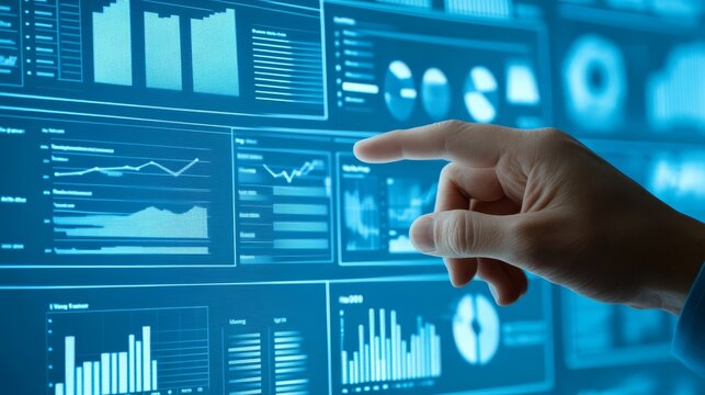 Data analysis presented person pointing at graphs on screen individual explains visual data insights on monitor showcasing trends