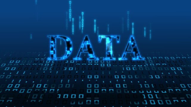 Digital text animation above code landscape. Digital data text floating motion. Digital technology and data graphic on black background.