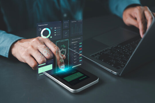 Mobile banking fintech financial technology services concept person touching smartphone holographic dashboard expense chart cash flow transaction history AI assistant secure payments wealth management