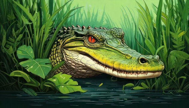 Alligator lurking in the swamp, a digital painting.