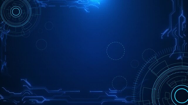 Blue technology circuit frame background with hexagon pattern, futuristic HUD rings, corner lines, clean copy space. corporate tech videos, AI presentations, cyber screens, software promos, title .