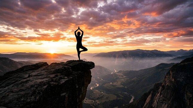 Person practices yoga on mountain peak at sunrise with scenic landscape