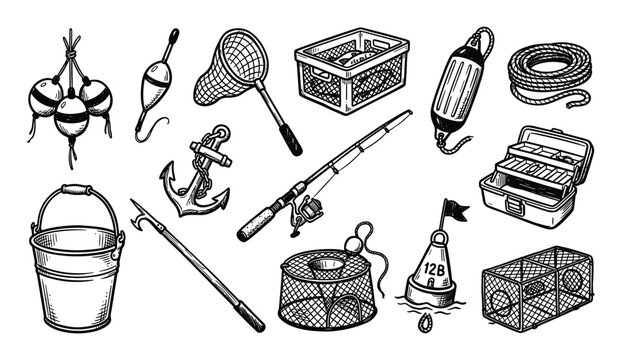 Comprehensive collection of various fishing and boating equipment is presented in a detailed black and white sketch style