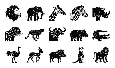 Naklejka premium Collection of black and white African safari animal silhouettes, perfect for icons or logos