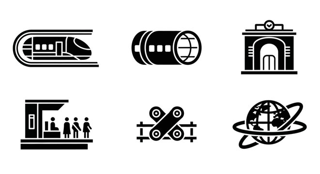 Transportation Icons: Train, Globe, Station, Tunnel, Conveyor Belt, People