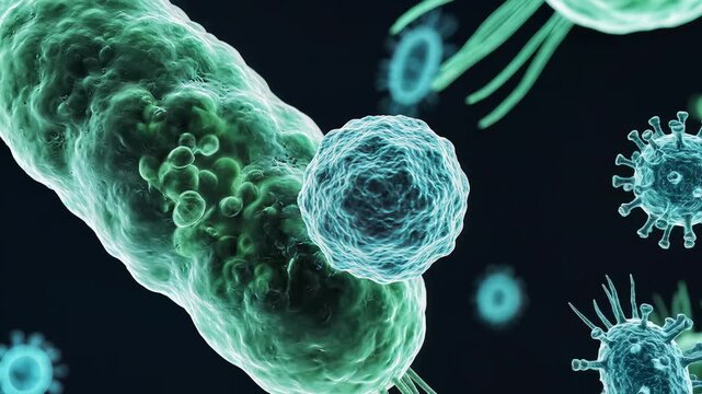 Microscopic view of bacteria and viruses in vibrant green and blue hues.