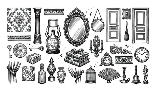 Collection of vintage decorative objects, including mirrors, doors, vases, and keys, in a hand-drawn style