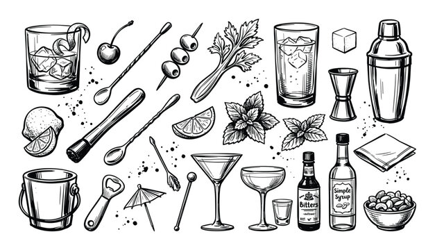 Hand-drawn black and white cocktail ingredients and bar tools illustration set