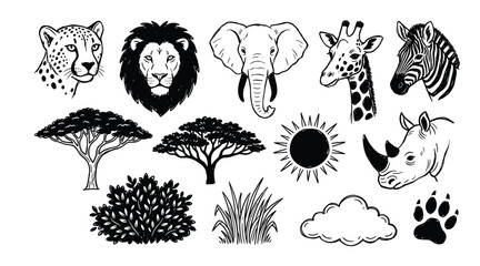 Naklejka premium Hand-drawn black and white safari animals and nature elements set