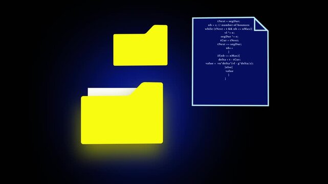 Folder icon animation with code document. Folder icon yellow digital data storage. Folder icon technology graphic on black background.