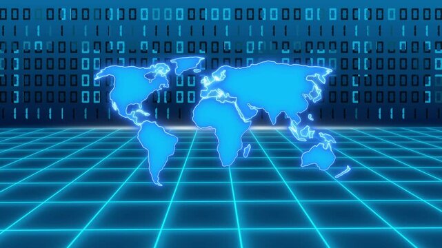 World map animation on neon grid. World map global network and binary code. World map digital technology graphic on black background.