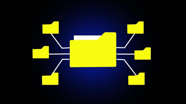 Folder icon animation with yellow network. Folder icon digital data storage system. Folder icon technology graphic on black background.