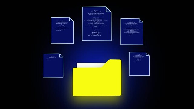 Folder icon animation with code documents. Folder icon yellow digital data storage. Folder icon technology graphic on black background.