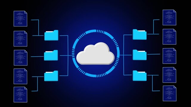 Cloud storage animation with folder network. Cloud storage digital data and code. Cloud storage technology graphic on black background.