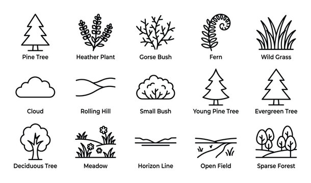 Collection of various nature and landscape outline icons, including trees, plants, and natural formations, presented