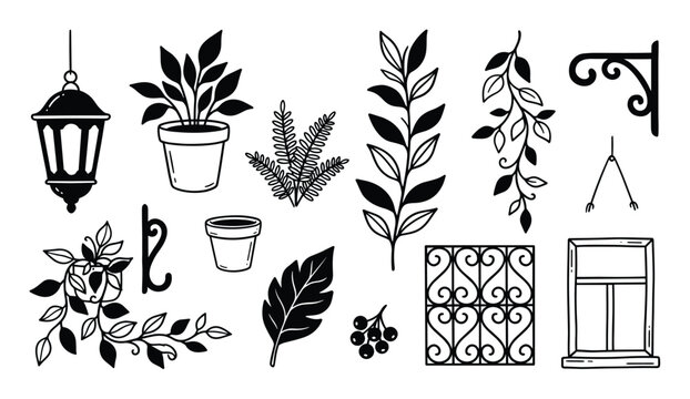 Collection of hand-drawn black and white garden and home decor elements, including plants, a lantern, and decorative ironwork