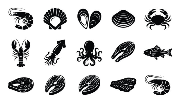 Collection of various black seafood icons including shrimp, crab, lobster, fish, and shellfish