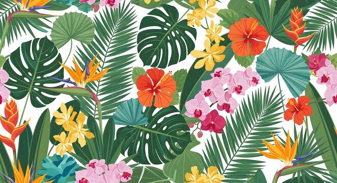 Vibrant tropical seamless pattern featuring exotic leaves and colorful blossoms like hibiscus, orchids, and bird of paradise, perfect for summer backgrounds and island-themed designs
